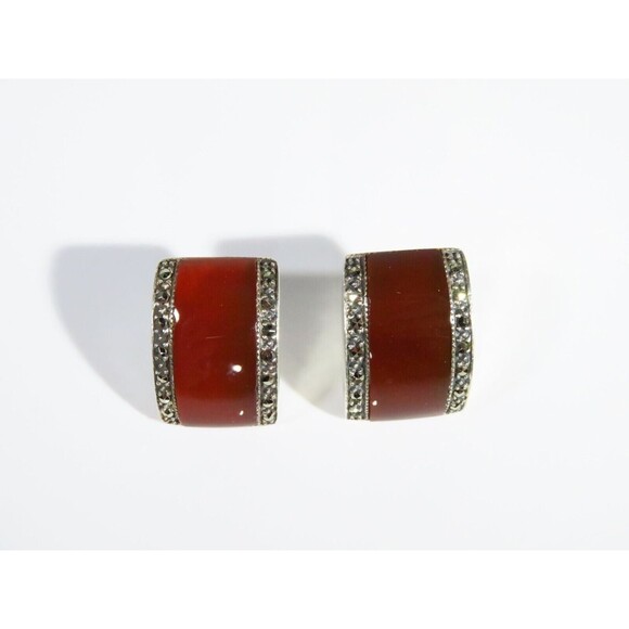 Vintage Art Deco Style Sterling Silver Marcasite Carnelian Arched Post Back Earr - Picture 4 of 8